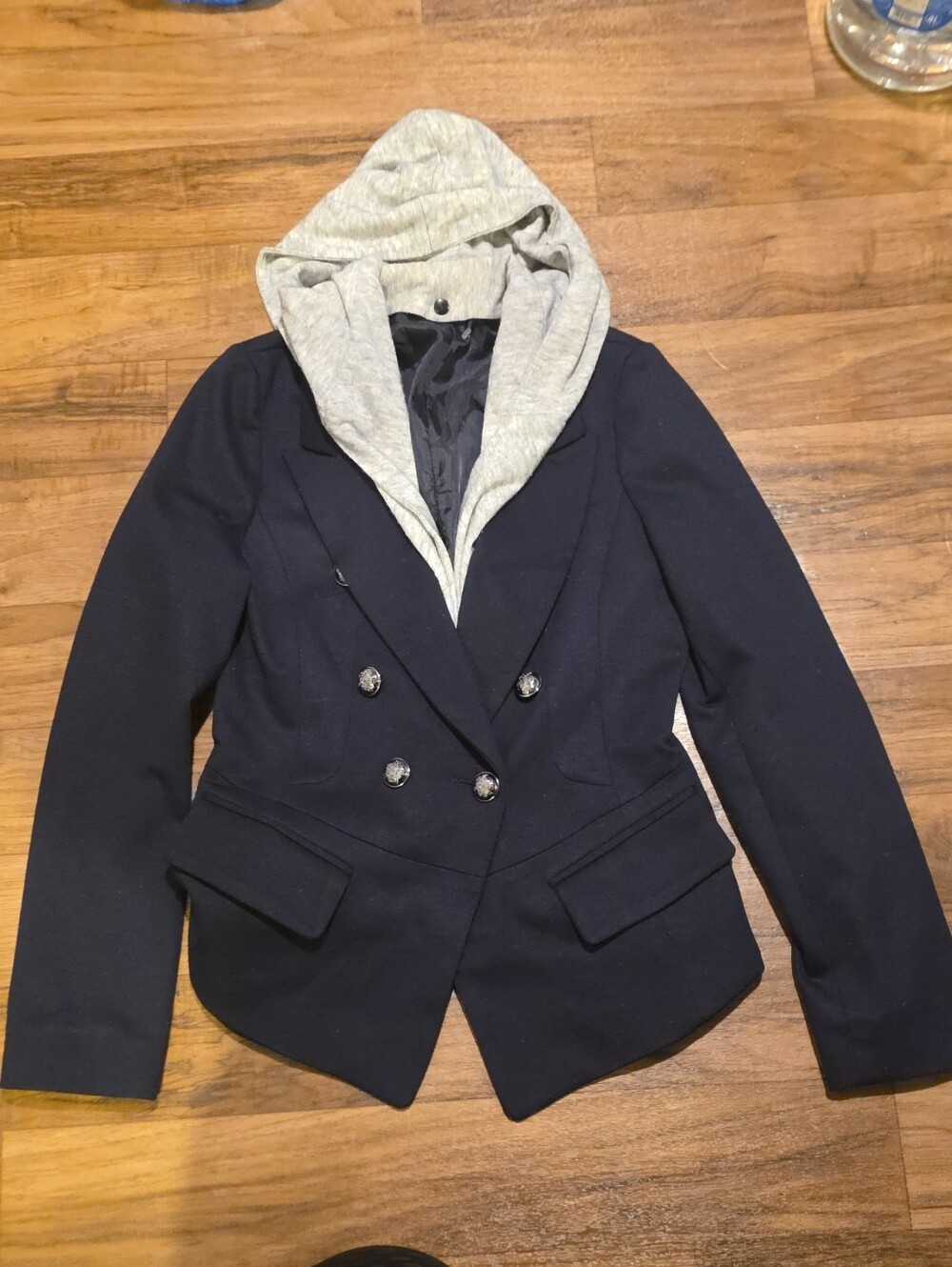 Women's Navy Double-Breasted Blazer with Gray Hood